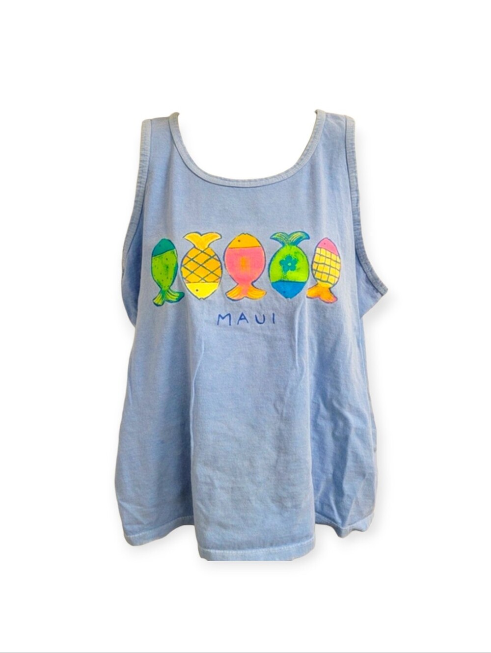Vintage 90s iCanToo Maui Hawaii Graphic Tank Top Periwinkle Blue L
